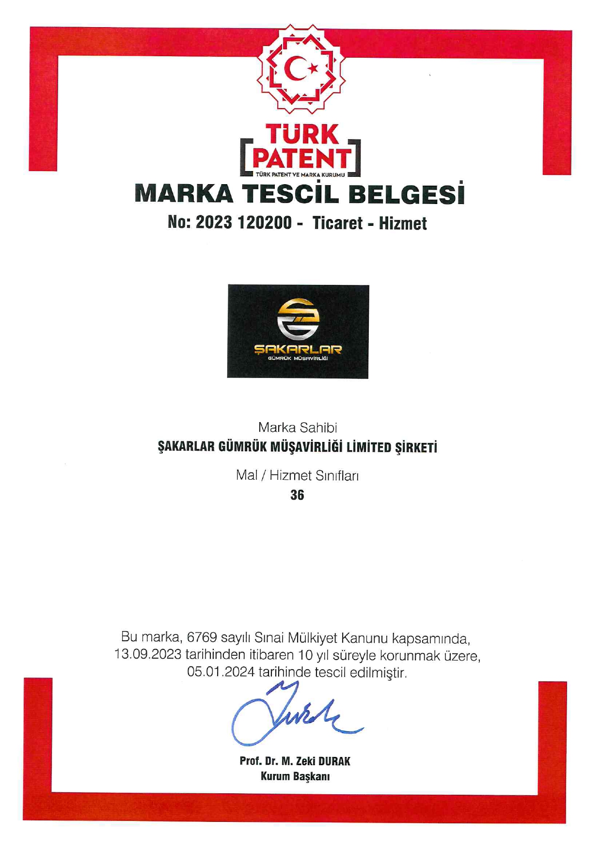 ŞAKARLAR GÜMRÜK MÜŞAVİRLİĞİ MARKA TESCİL BELGESİ